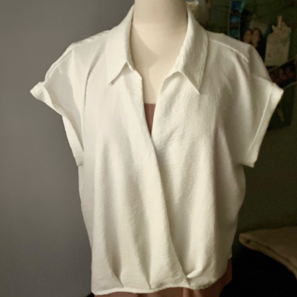 Pleione white collared faux wrap shirt